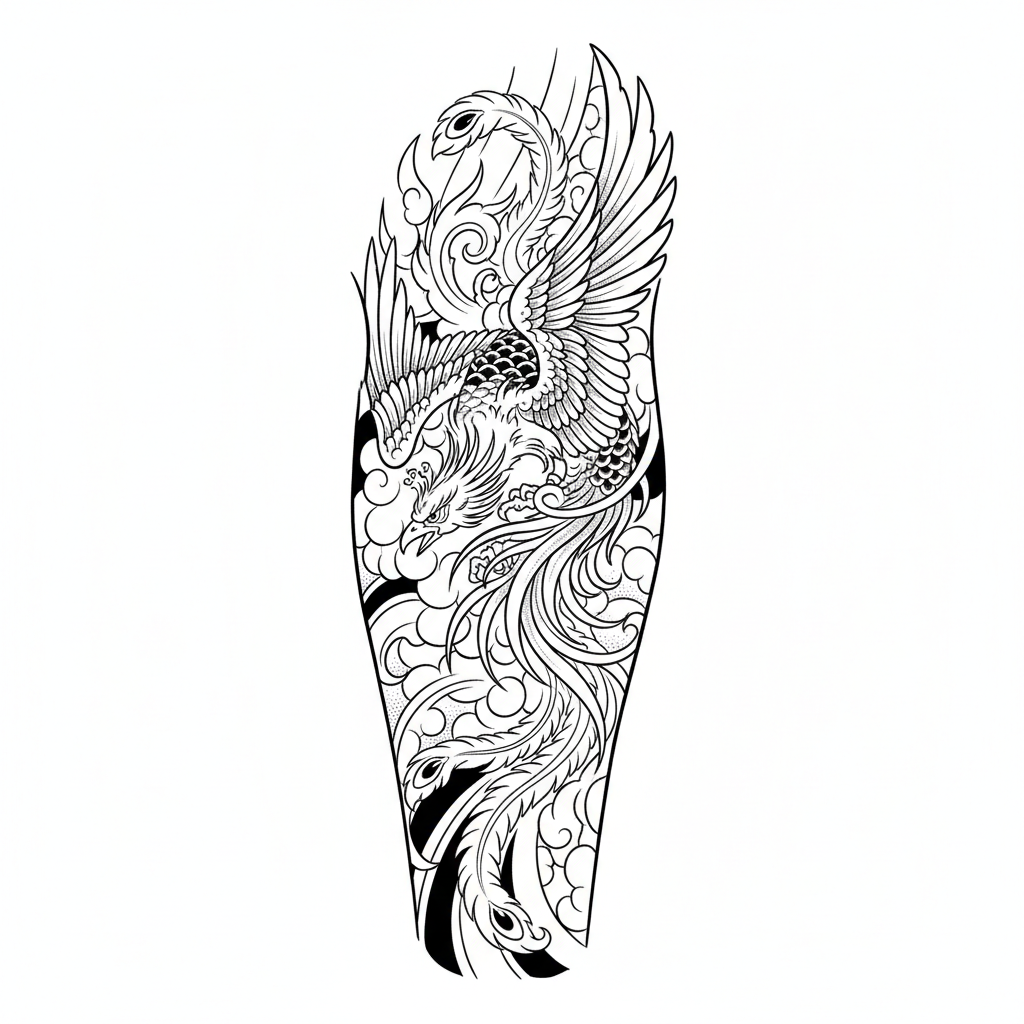 Japanese Phoenix Sleeve Panel temporary tattoo design, japanese phoenix artwork in black ink on a white background