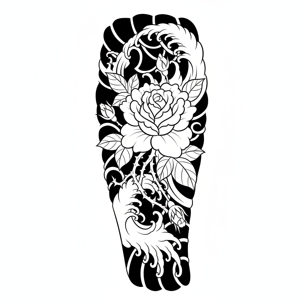 Japanese Rose temporary tattoo design, japanese rose artwork in black ink on a white background