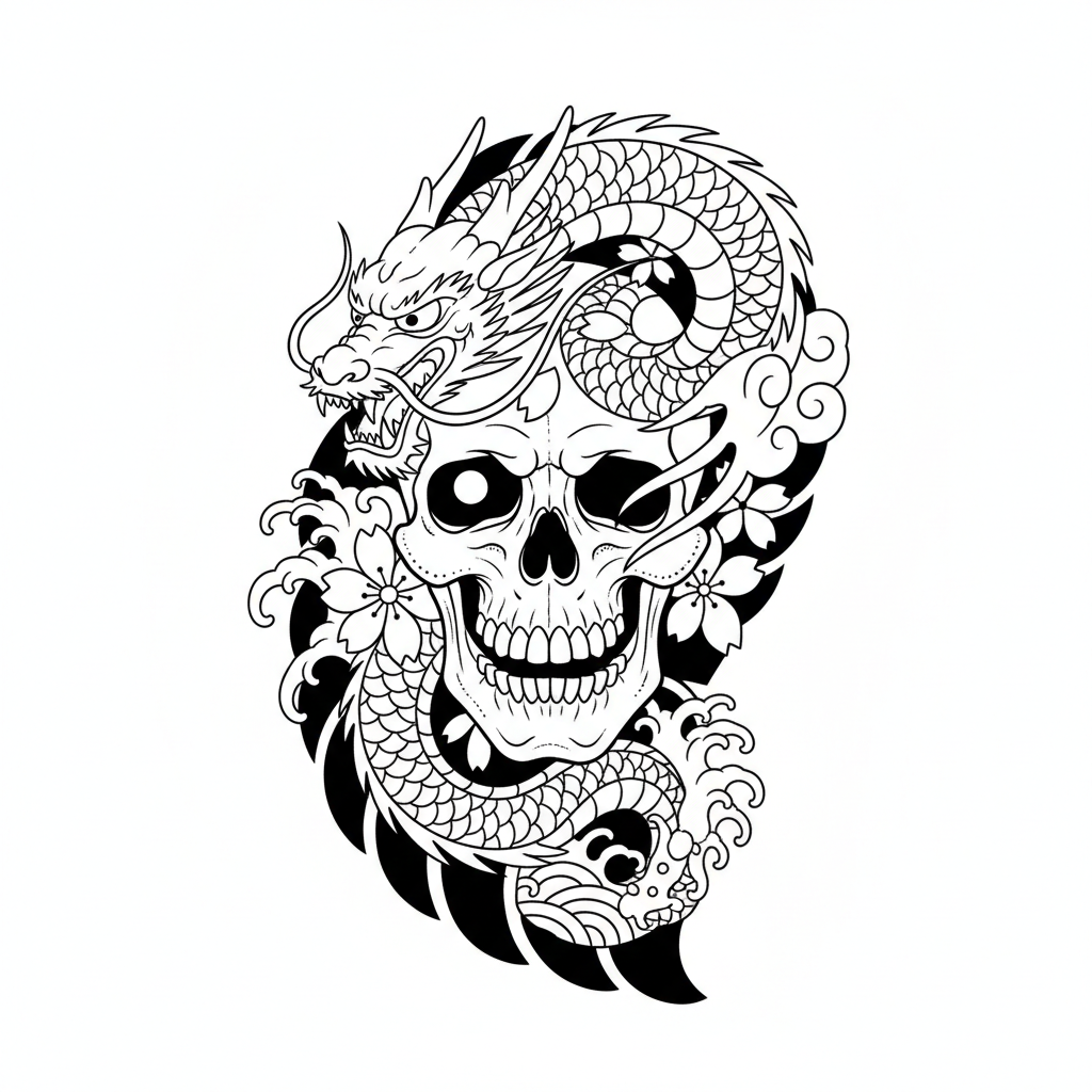 Japanese Skull temporary tattoo design, japanese skull artwork in black ink on a white background