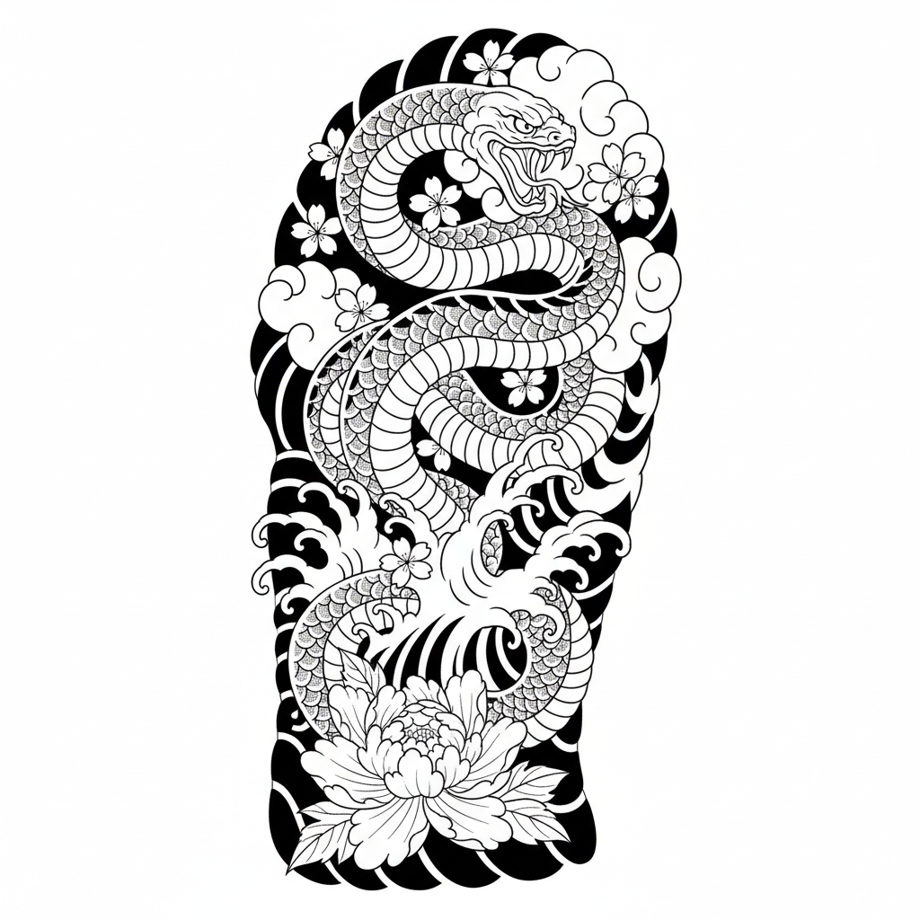 Japanese Snake temporary tattoo design, japanese snake artwork in black ink on a white background