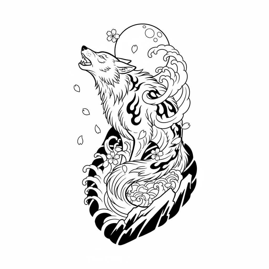 Japanese Wolf temporary tattoo design, japanese wolf artwork in black ink on a white background