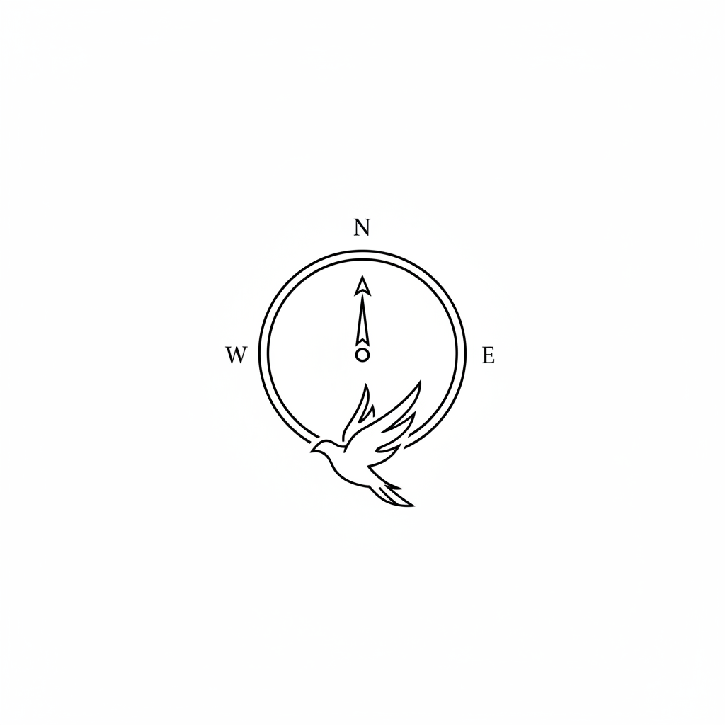 Minimalist Compass temporary tattoo design, minimalist compass artwork in black ink on a white background