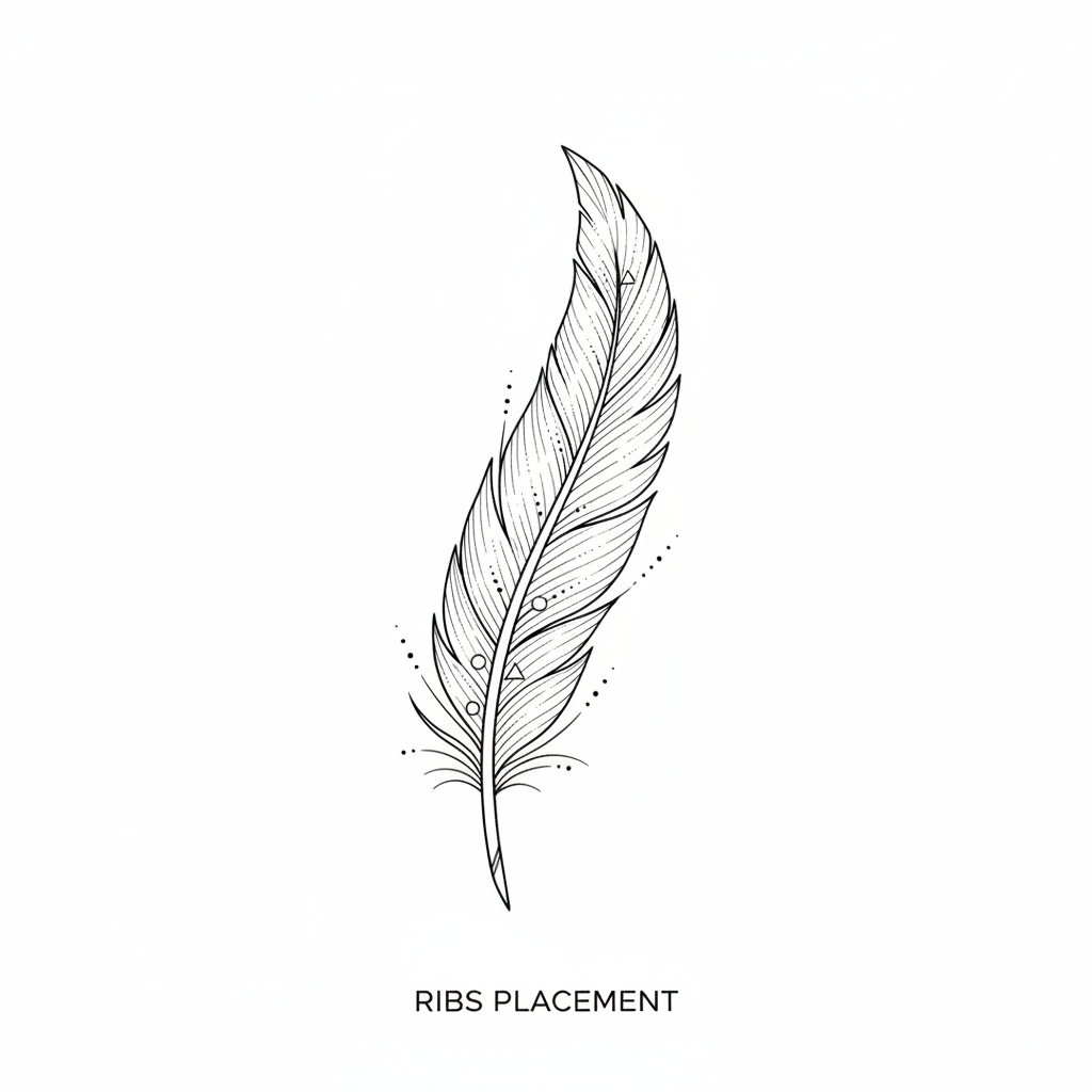 Minimalist feather temporary tattoo design for the ribs, black ink artwork on a white background