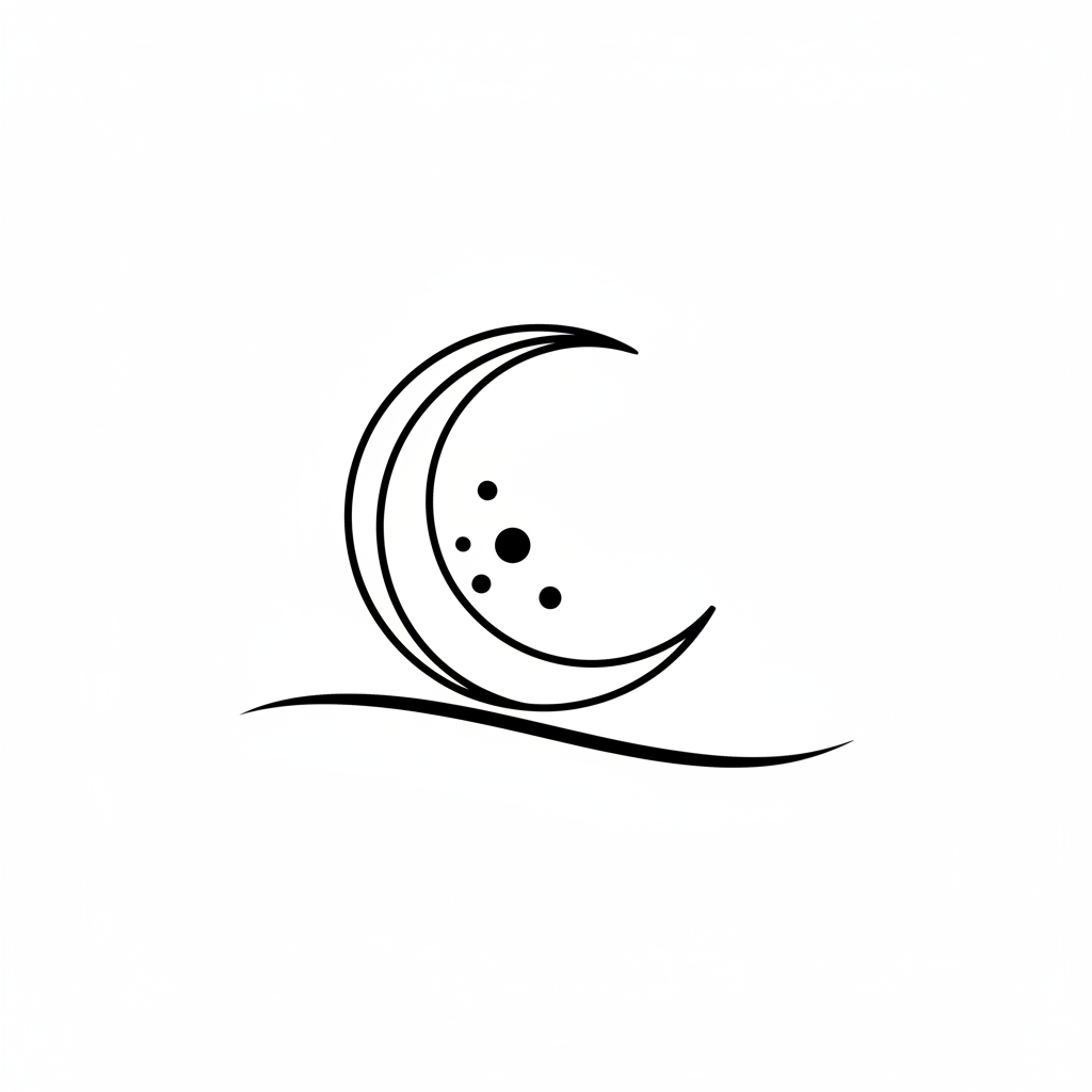 Minimalist crescent moon temporary tattoo design for the neck, black ink artwork on a white background