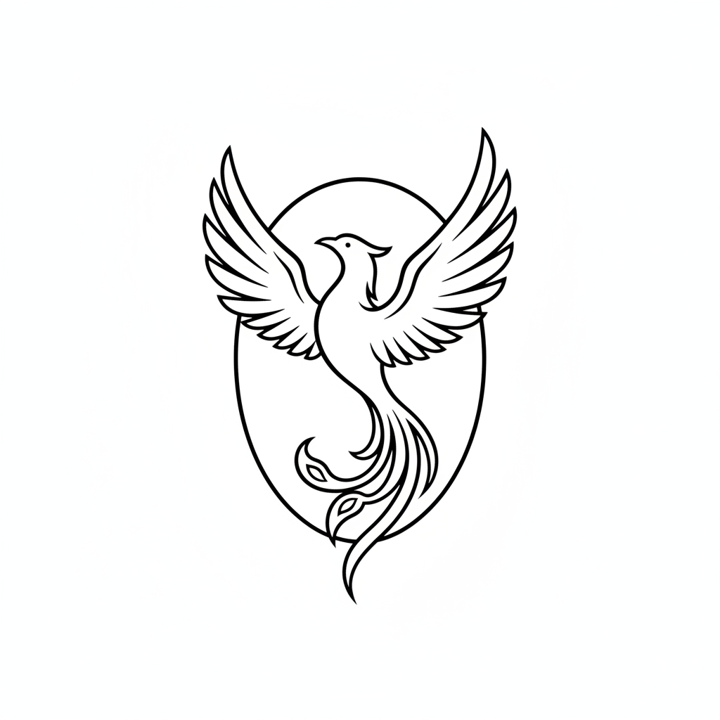 Minimalist Phoenix temporary tattoo design, minimalist phoenix artwork in black ink on a white background