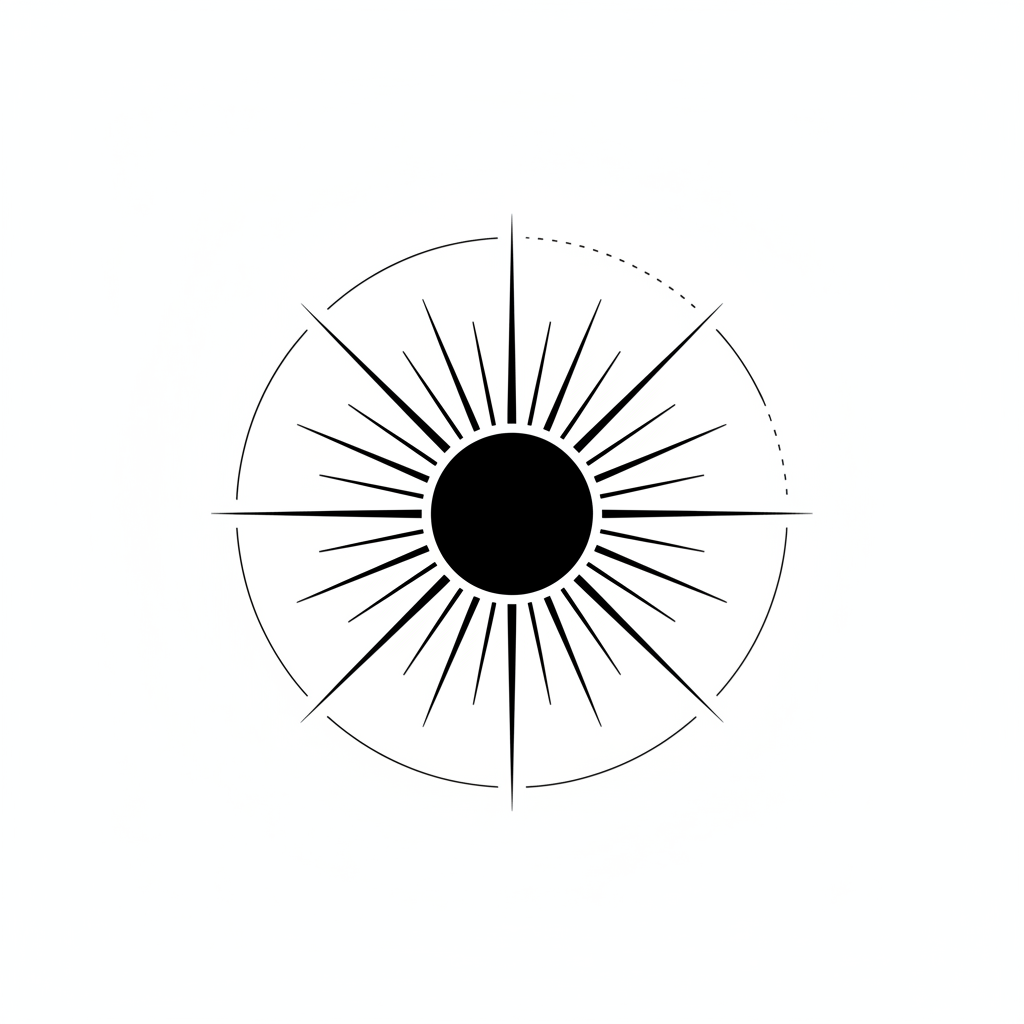 Minimalist Sun temporary tattoo design, minimalist sun artwork in black ink on a white background