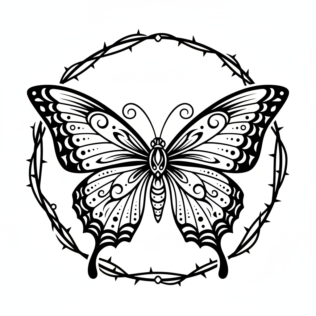Neo-Traditional Butterfly temporary tattoo design, neo-traditional butterfly artwork in black ink on a white background
