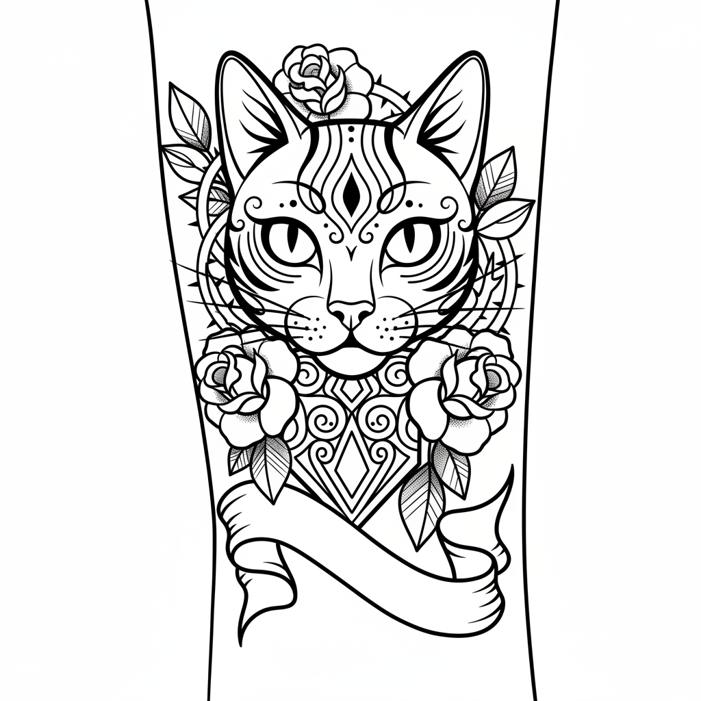 Neo-Traditional Cat temporary tattoo design, neo-traditional cat artwork in black ink on a white background