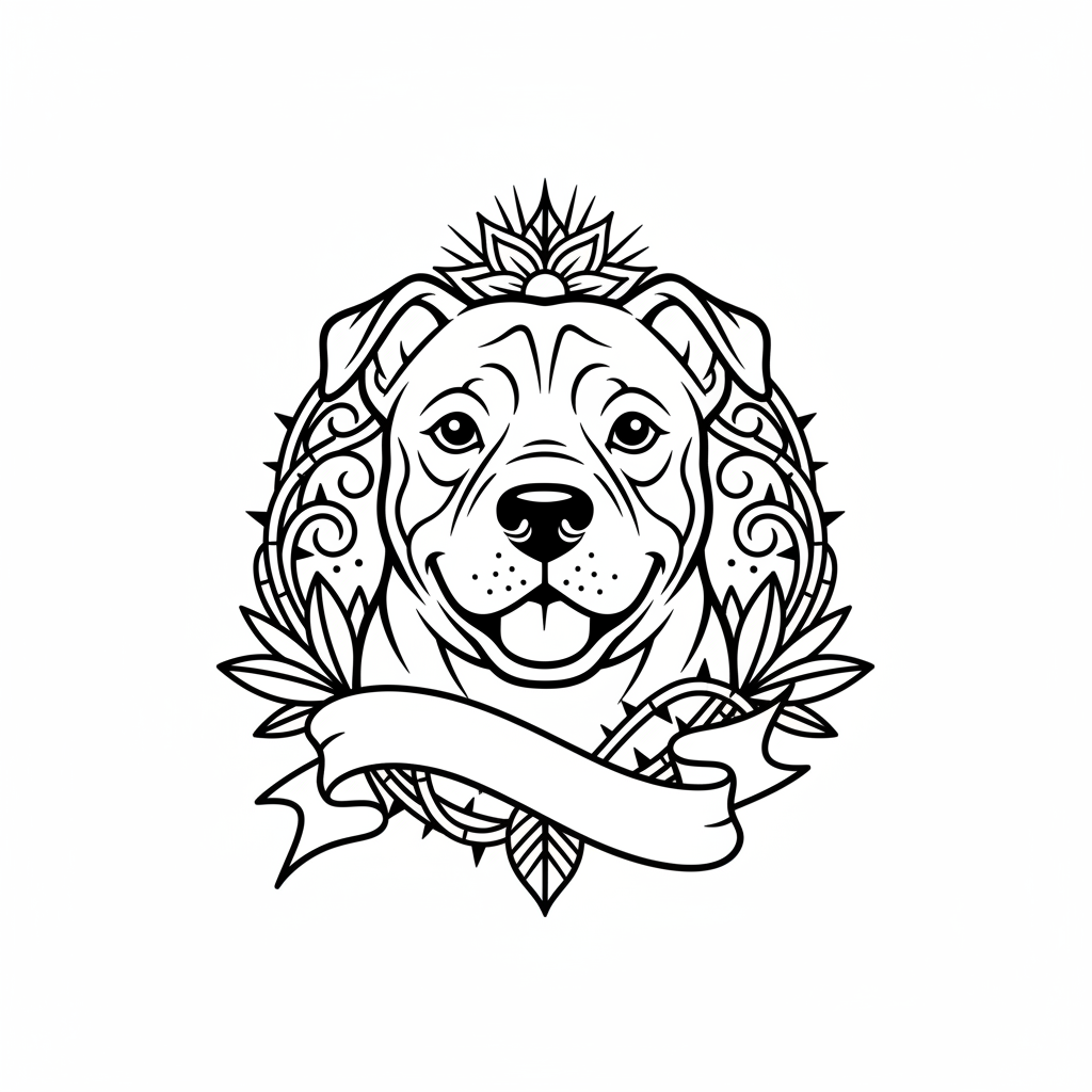 Neo-Traditional Dog temporary tattoo design, neo-traditional dog artwork in black ink on a white background