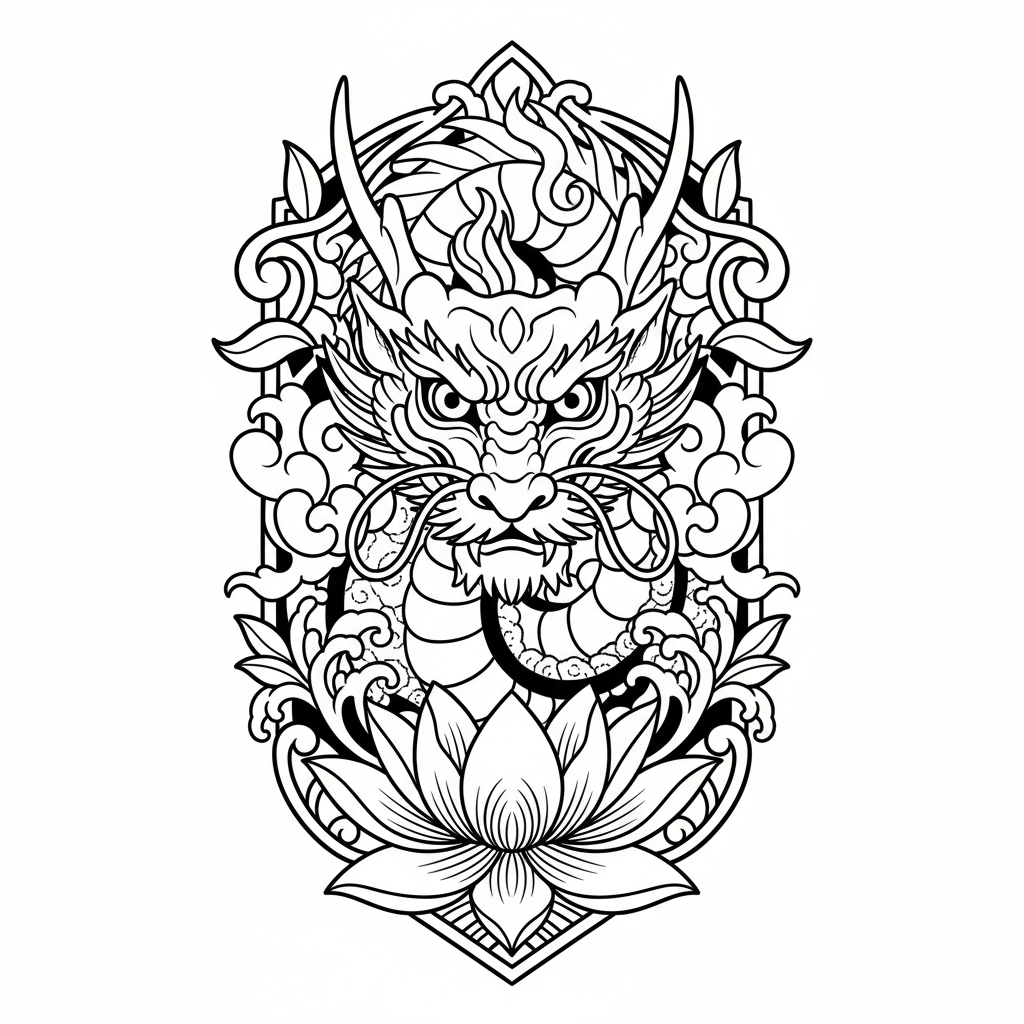 Neo-Traditional Dragon temporary tattoo design, neo-traditional dragon artwork in black ink on a white background