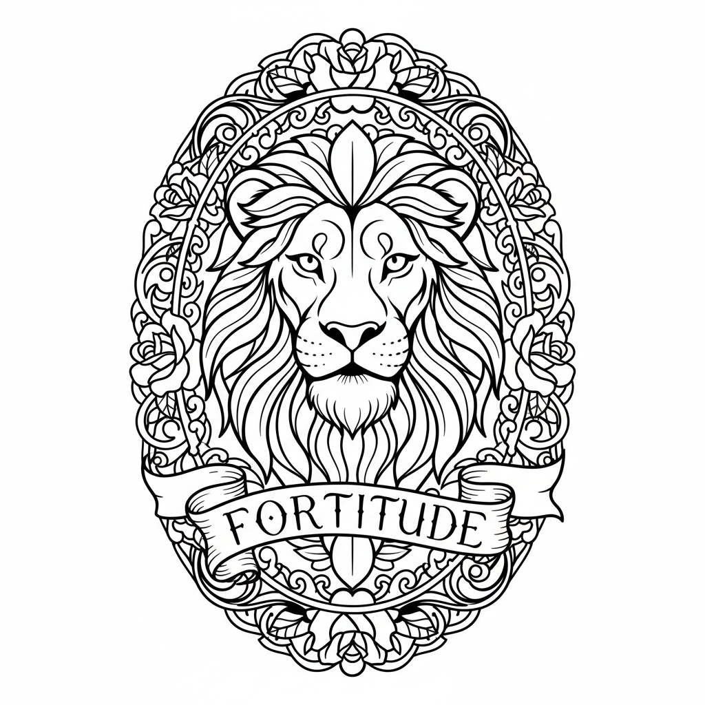 Neo-Traditional Lion temporary tattoo design, neo-traditional lion artwork in black ink on a white background