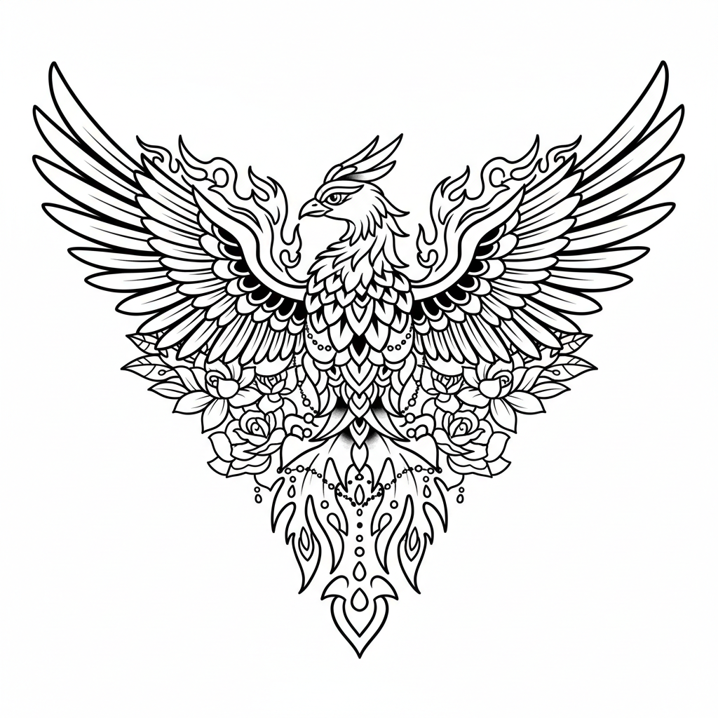 Neo-Traditional Phoenix temporary tattoo design, neo-traditional phoenix artwork in black ink on a white background