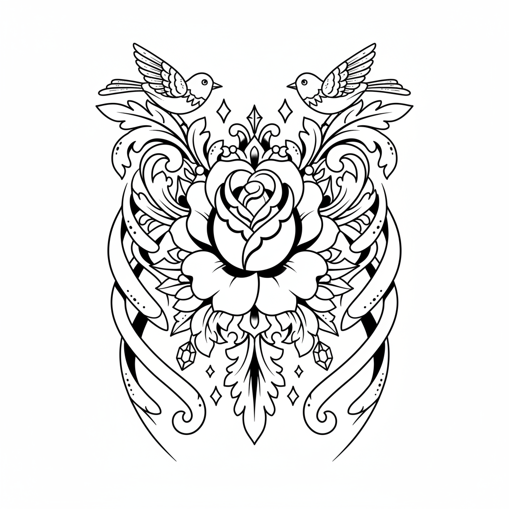 Neo-Traditional Rose temporary tattoo design, neo-traditional rose artwork in black ink on a white background