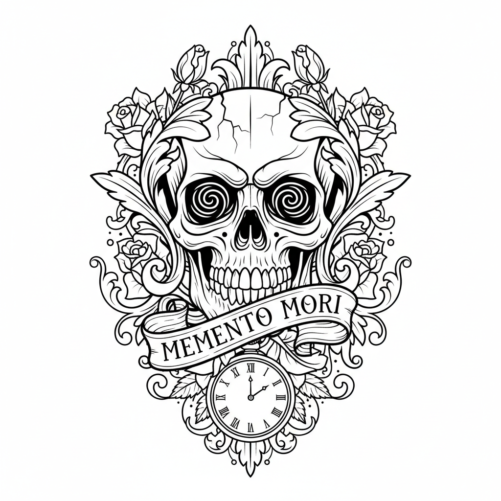 Neo-Traditional Skull temporary tattoo design, neo-traditional skull artwork in black ink on a white background