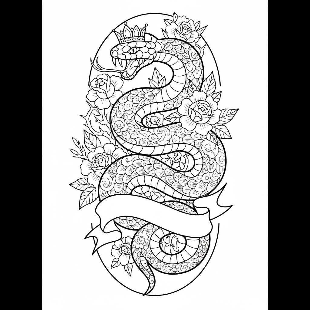 Neo-Traditional Snake temporary tattoo design, neo-traditional snake artwork in black ink on a white background