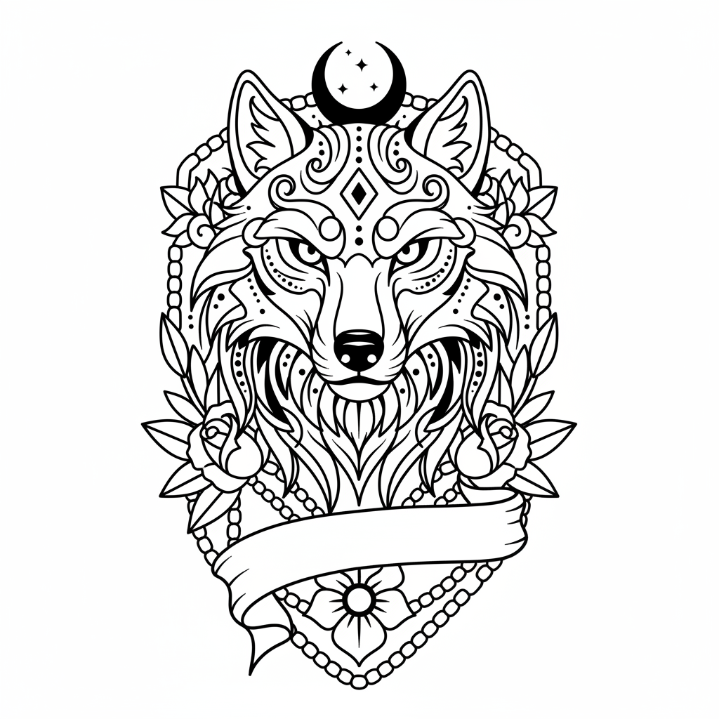 Neo-Traditional Wolf temporary tattoo design, neo-traditional wolf artwork in black ink on a white background